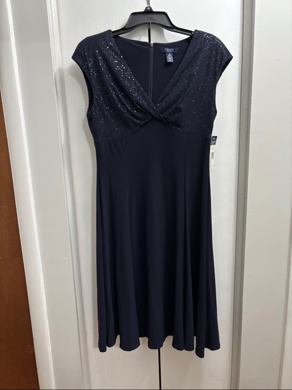 Chaus Navy Cap-Sleeve Twist-Front Midi Dress with Sparkle